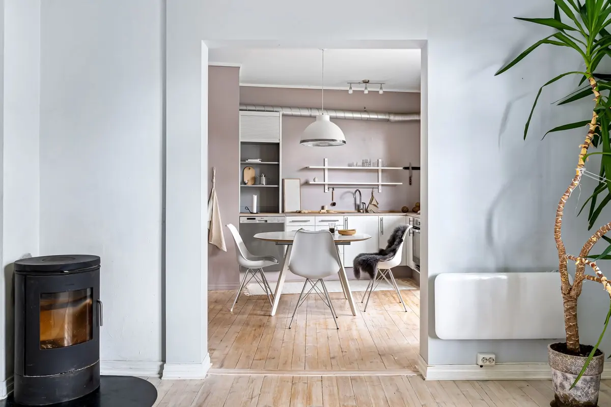 Bright hardwood flooring in a kitchen