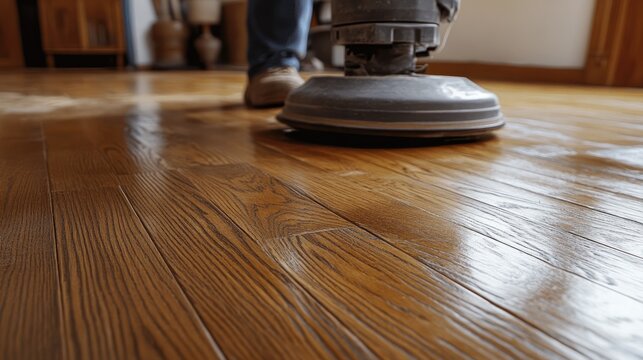 Person using a floor buffer on wooden flooring